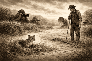 A man working in a field, a mouse in the foreground. A sinister background of evesdroppers. A take on Robert Burns' poem To a Mouse (1785), but with surveillance.